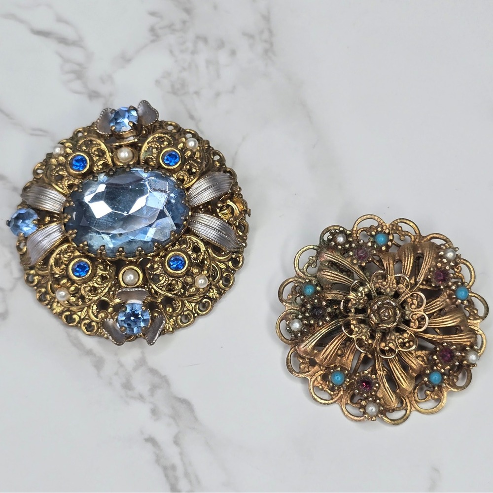 Vintage MCM Filigree Brooch Gold Tone Lot Blue Rhinestone Faux Pearl Floral 2pc